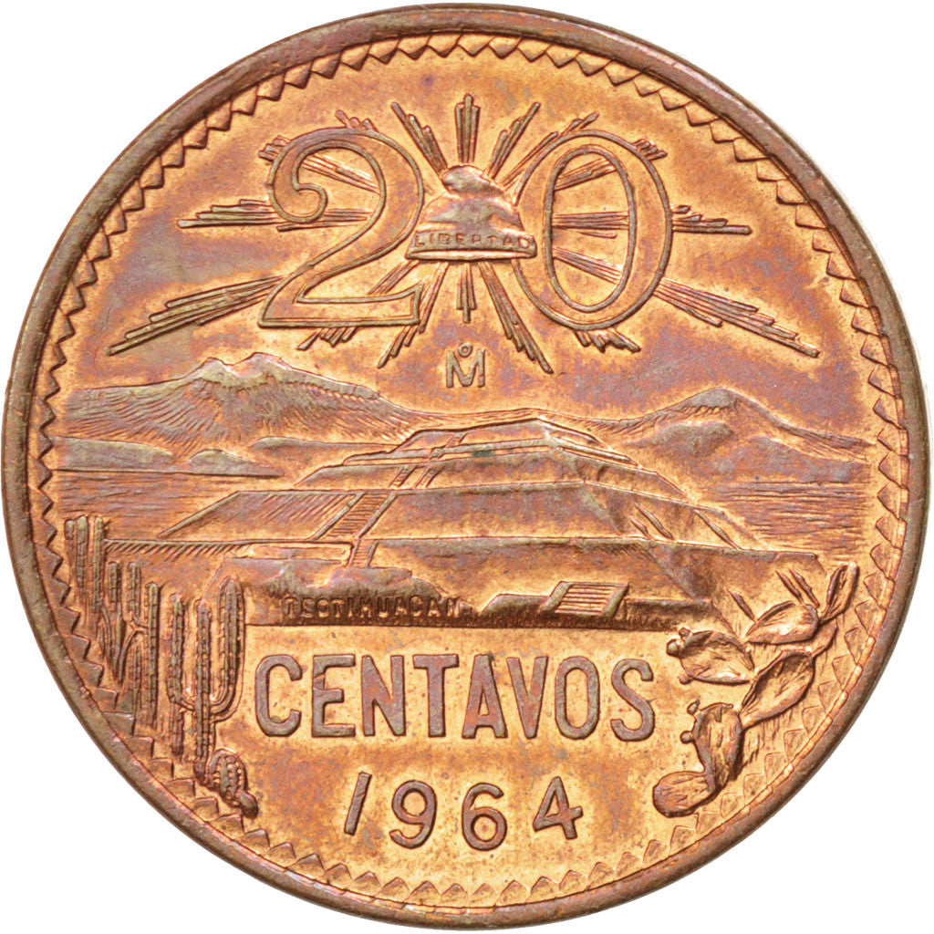 MEXICO, 20 Centavos, 1964, Mexico City, KM #440, MS(60-62), Bronze, 28.5
