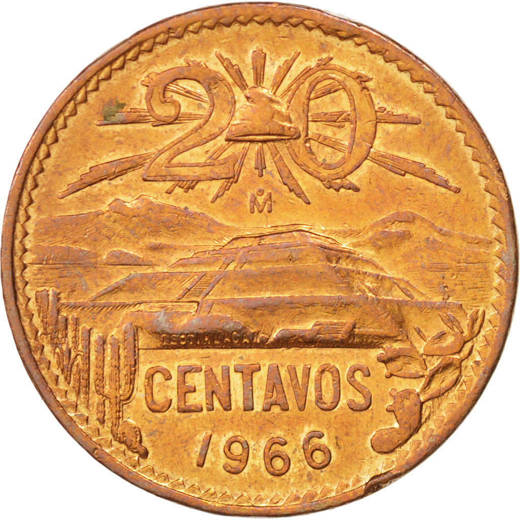 MEXICO, 20 Centavos, 1966, Mexico City, KM #440, AU(55-58), Bronze, 28.5