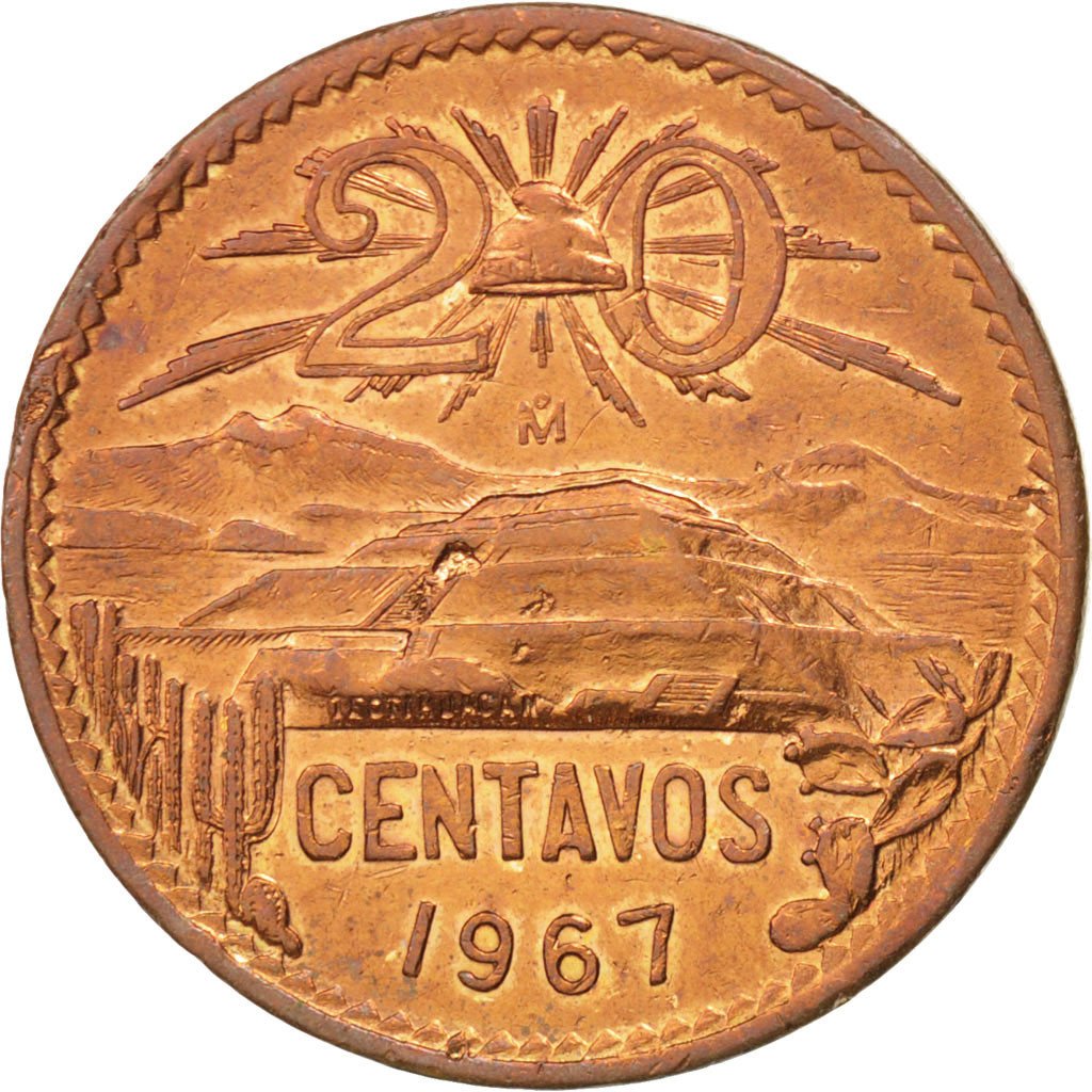 Messico, 20 Centavos, 1967, Mexico City, SPL-, Bronzo, KM:440