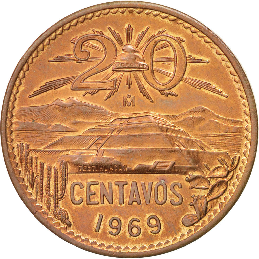 MEXICO, 20 Centavos, 1969, Mexico City, KM #440, MS(60-62), Bronze, 28.5