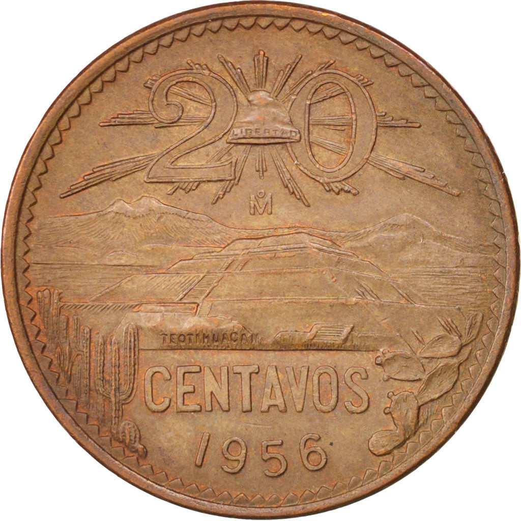 MEXICO, 20 Centavos, 1956, Mexico City, KM #440, AU(55-58), Bronze, 28.5