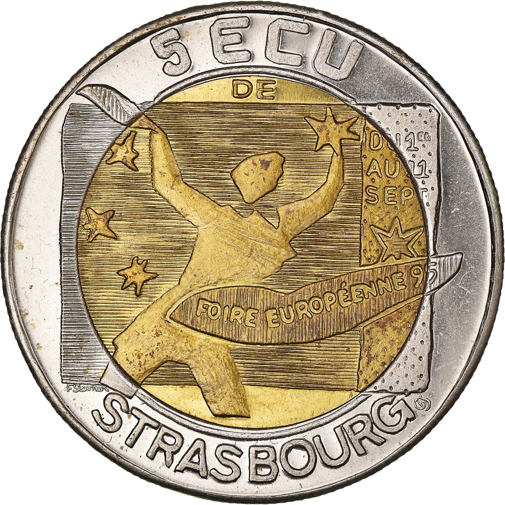 France, 5 Ecu, Euro des Villes, 1995, Strasbourg, MS(63), Bi-Metallic