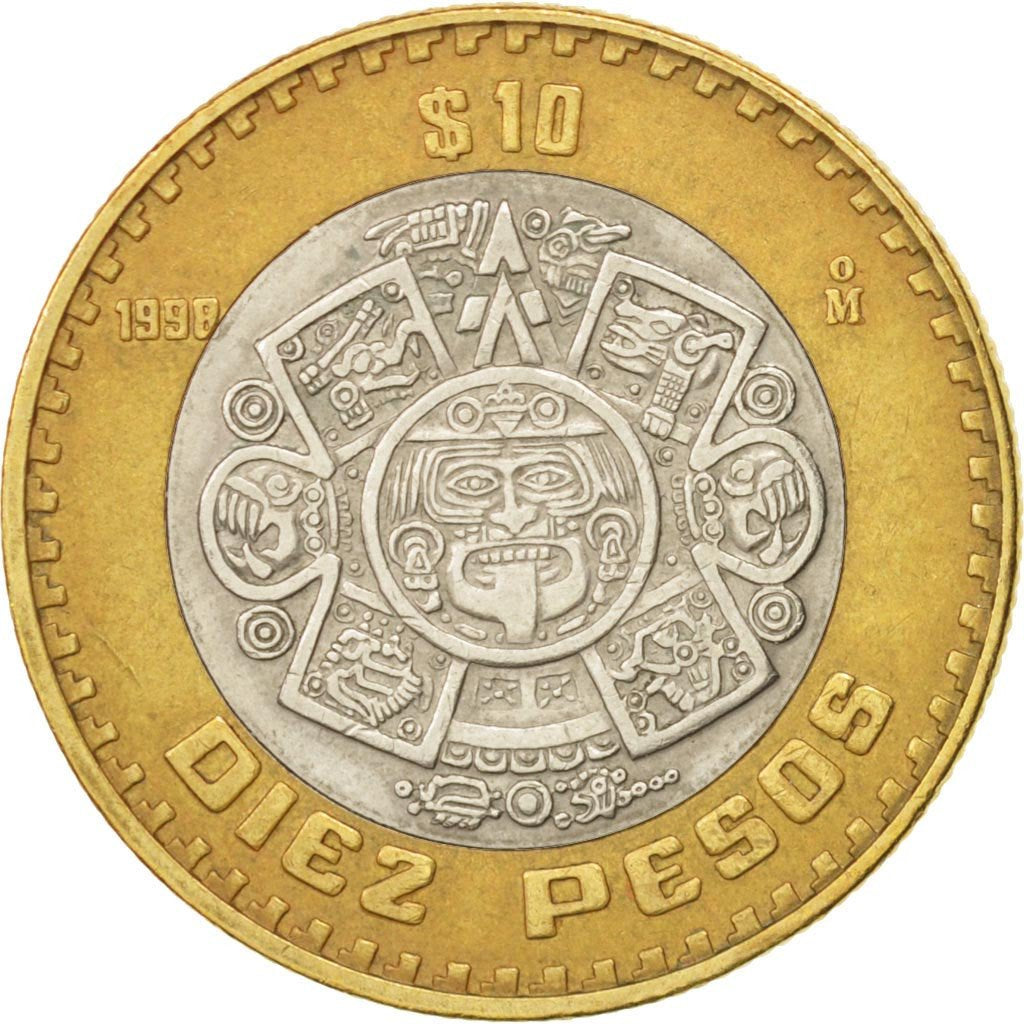 MEXICO, 10 Pesos, 1998, Mexico City, KM #616, AU(50-53), Bi-Metallic, 28