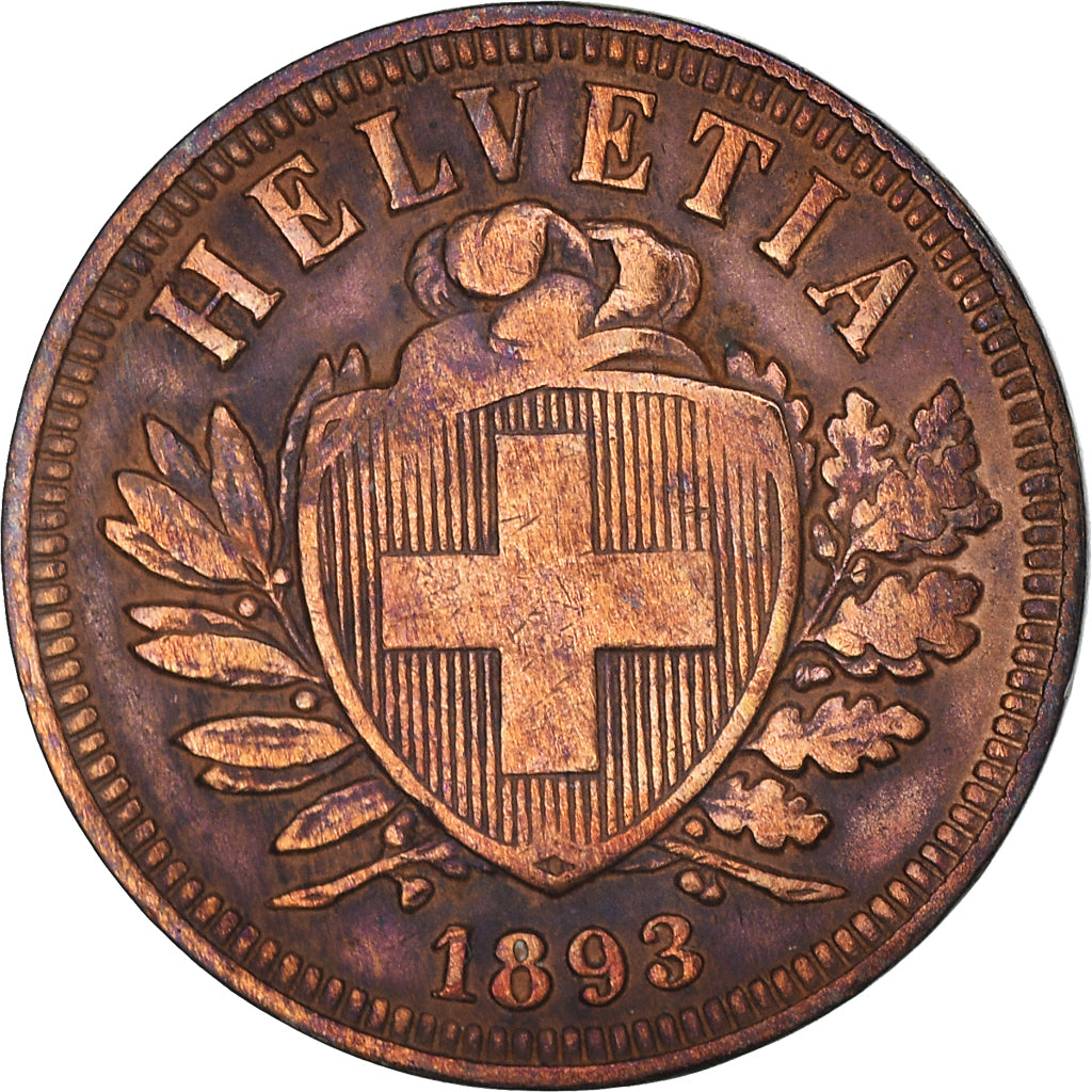 Moneta, Svizzera, 2 Rappen, 1893, Bern, MB+, Bronzo, KM:4.2