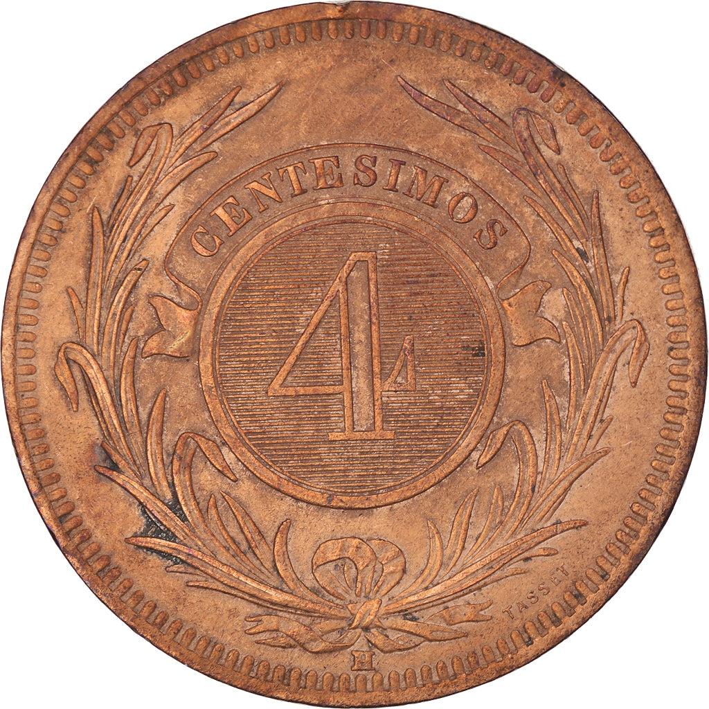 Coin, Uruguay, 4 Centesimos, 1869, Uruguay Mint, Birmingham, AU(50-53), Bronze