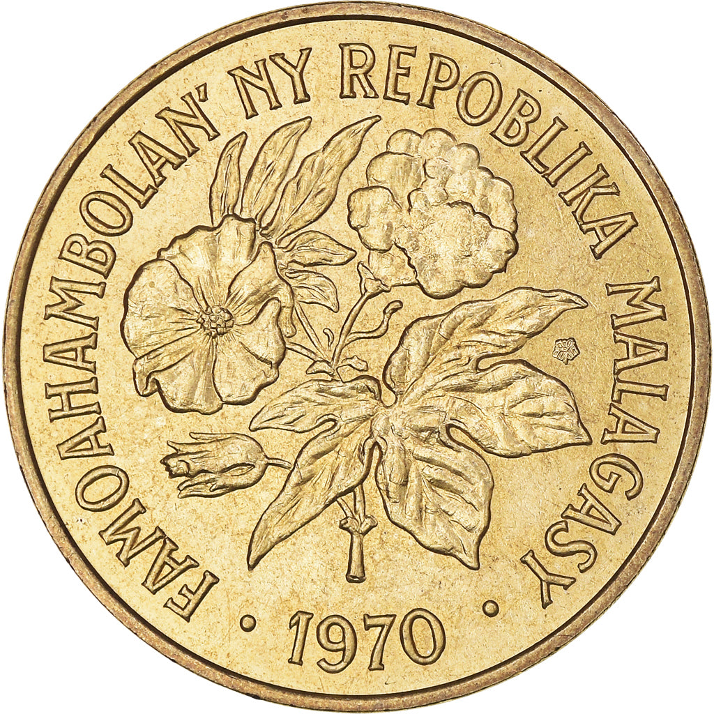 Coin, Madagascar, 20 Francs, 4 Ariary, 1970, Paris, AU(55-58), Aluminum-Bronze