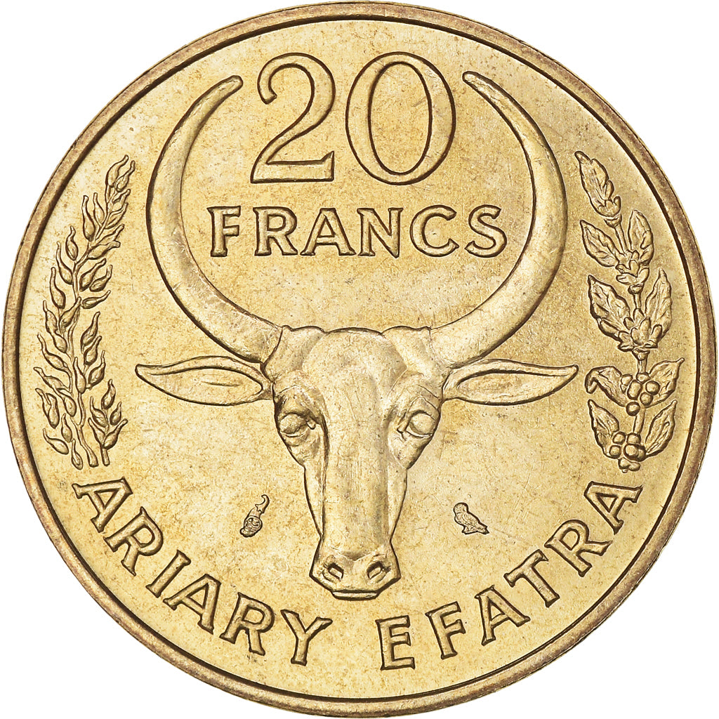Coin, Madagascar, 20 Francs, 4 Ariary, 1970, Paris, AU(55-58), Aluminum-Bronze