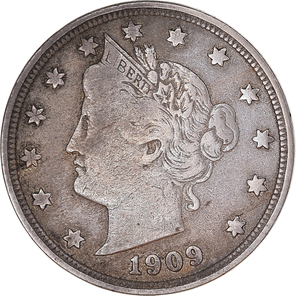 Moneta, USA, Liberty Nickel, 5 Cents, 1909, U.S. Mint, Philadelphia, VF(20-25)