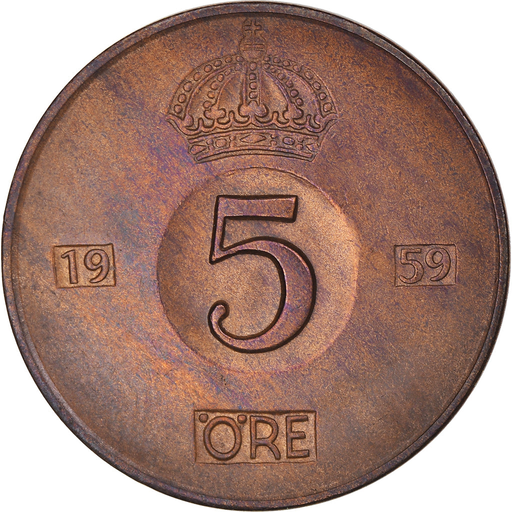 Coin, Sweden, Gustaf VI, 5 Öre, 1959, AU(55-58), Bronze, KM:822