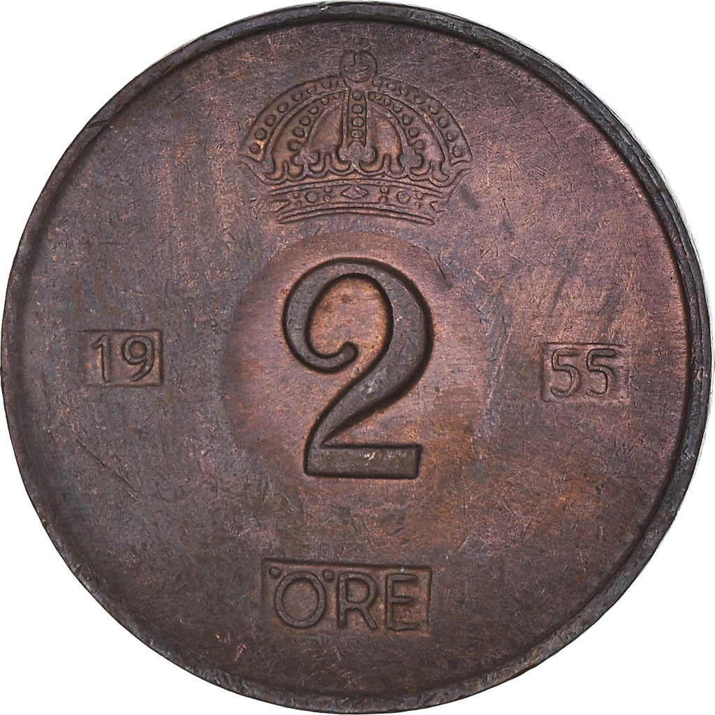 Coin, Sweden, Gustaf VI, 2 Öre, 1955, VF(30-35), Bronze, KM:821