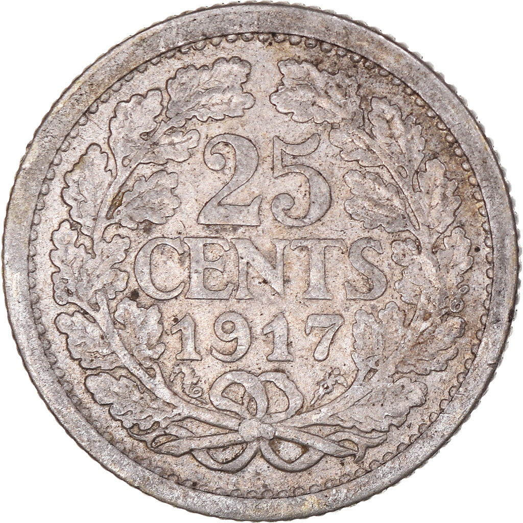 Coin, Netherlands, Wilhelmina I, 25 Cents, 1917, EF(40-45), Silver, KM:146