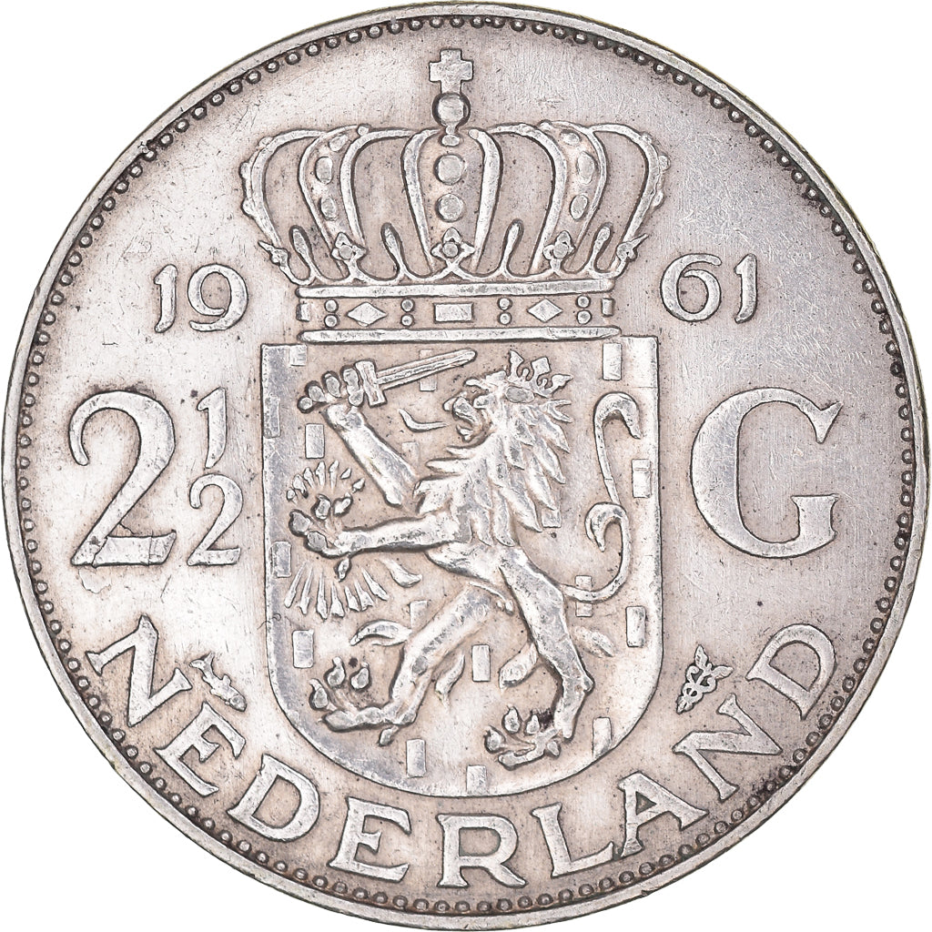 Coin, Netherlands, Juliana, 2-1/2 Gulden, 1961, AU(50-53), Silver, KM:185