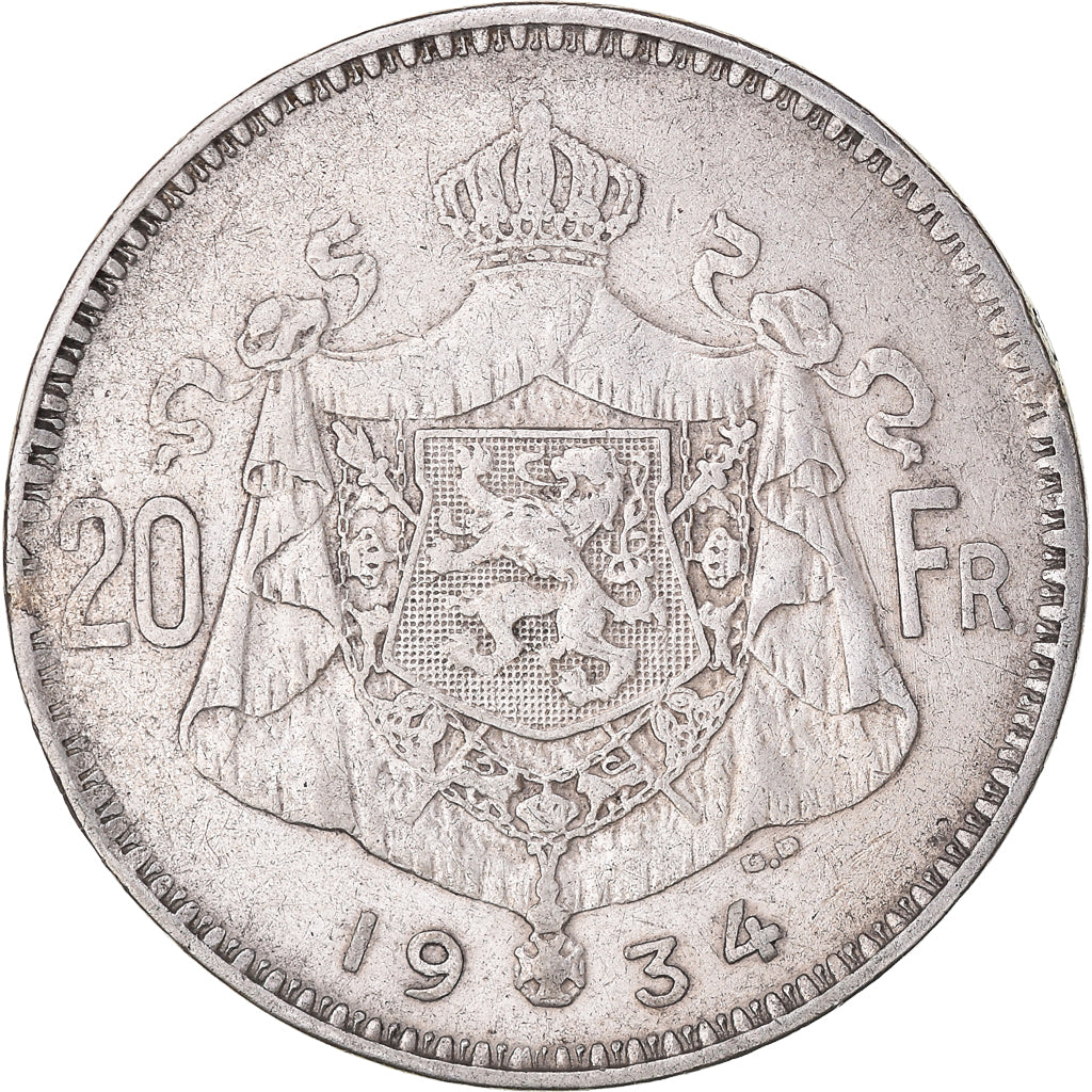 Coin, Belgium, 20 Francs, 20 Frank, 1934, EF(40-45), Silver, KM:104.1