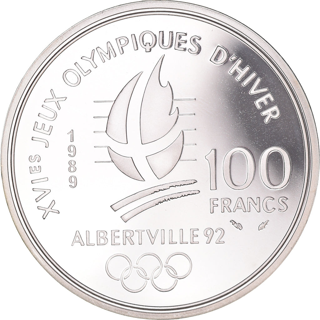 Coin, France, Alpine skiing, 100 Francs, 1989, BE, MS(65-70), Silver, KM:971