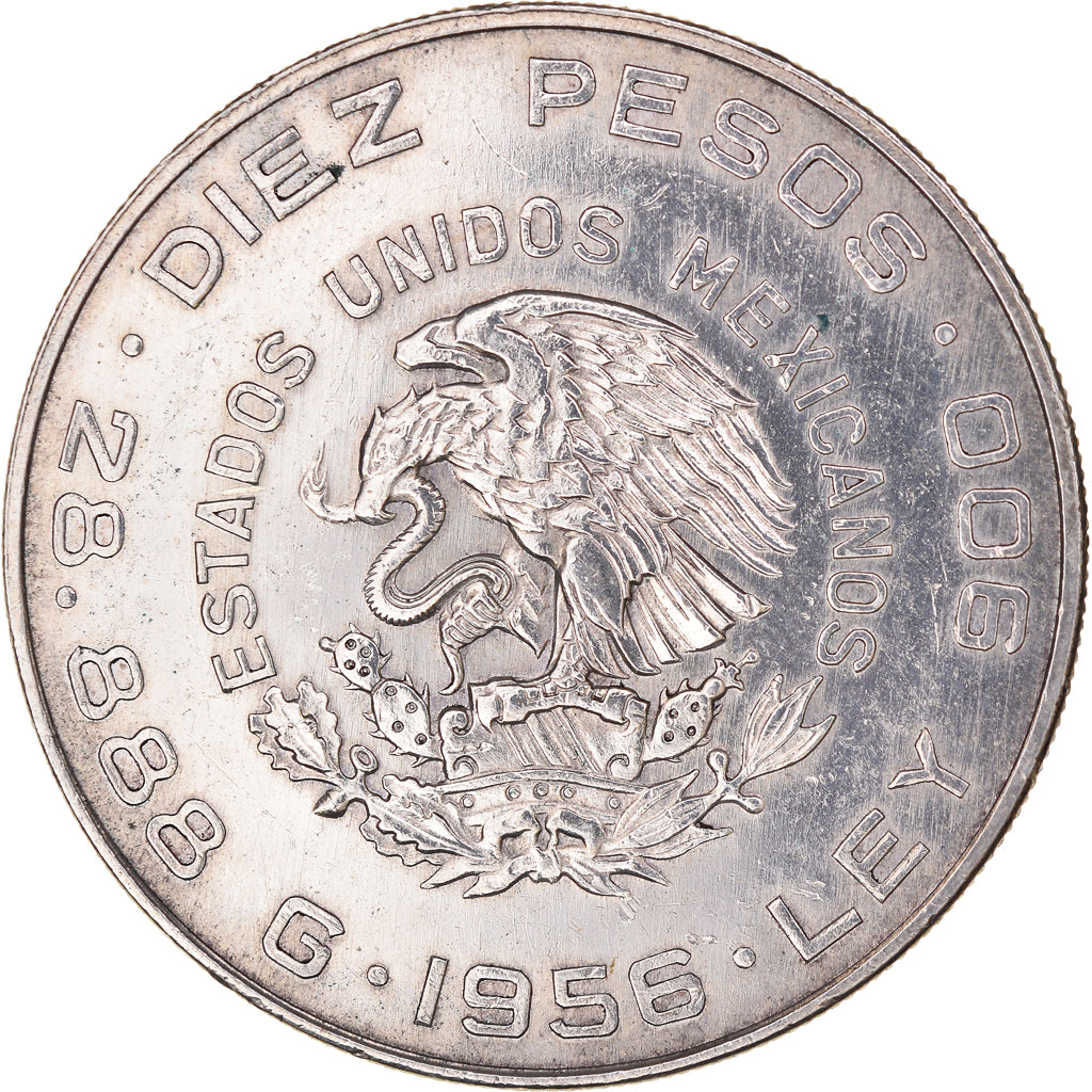 Moneta, Messico, 10 Pesos, 1956, Mexico City, MB+, Argento, KM:474