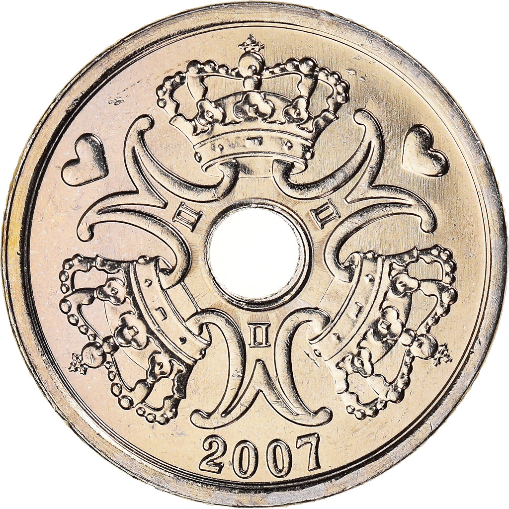 Coin, Denmark, Margrethe II, 2 Kroner, 2007, Brondby, MS(60-62), Copper-nickel