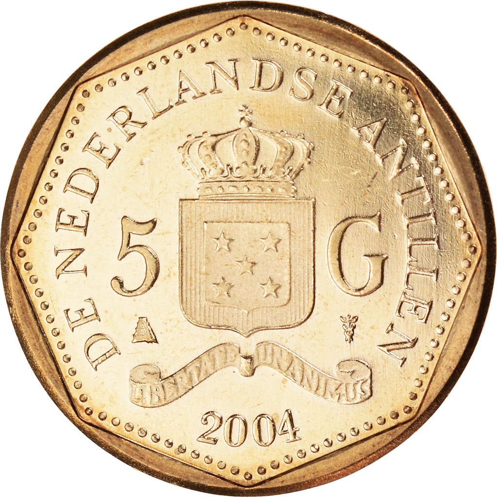 Coin, Netherlands Antilles, Beatrix, 5 Gulden, 2004, MS(60-62), Aureate Bonded
