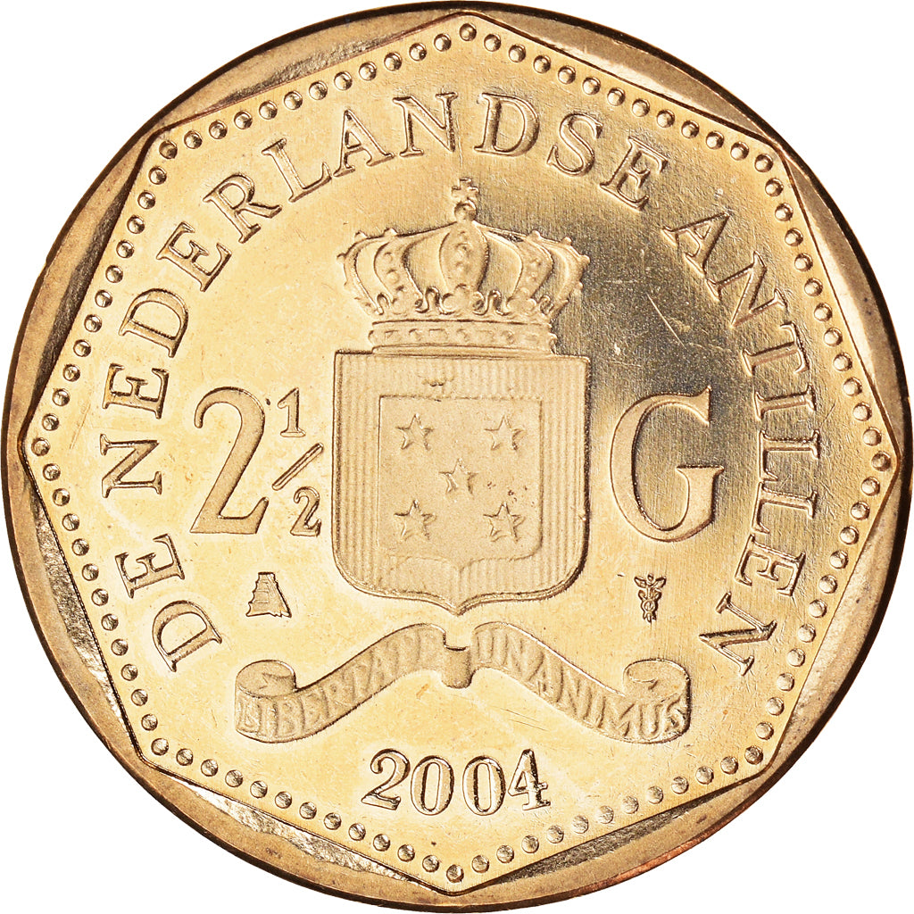 Coin, Netherlands Antilles, Beatrix, 2-1/2 Gulden, 2004, MS(63), Aureate Steel