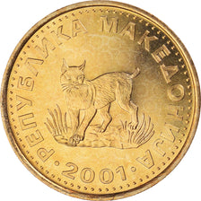 Coin, Macedonia, European lynx, 5 Denari, 2001, MS(60-62), Brass, KM:4