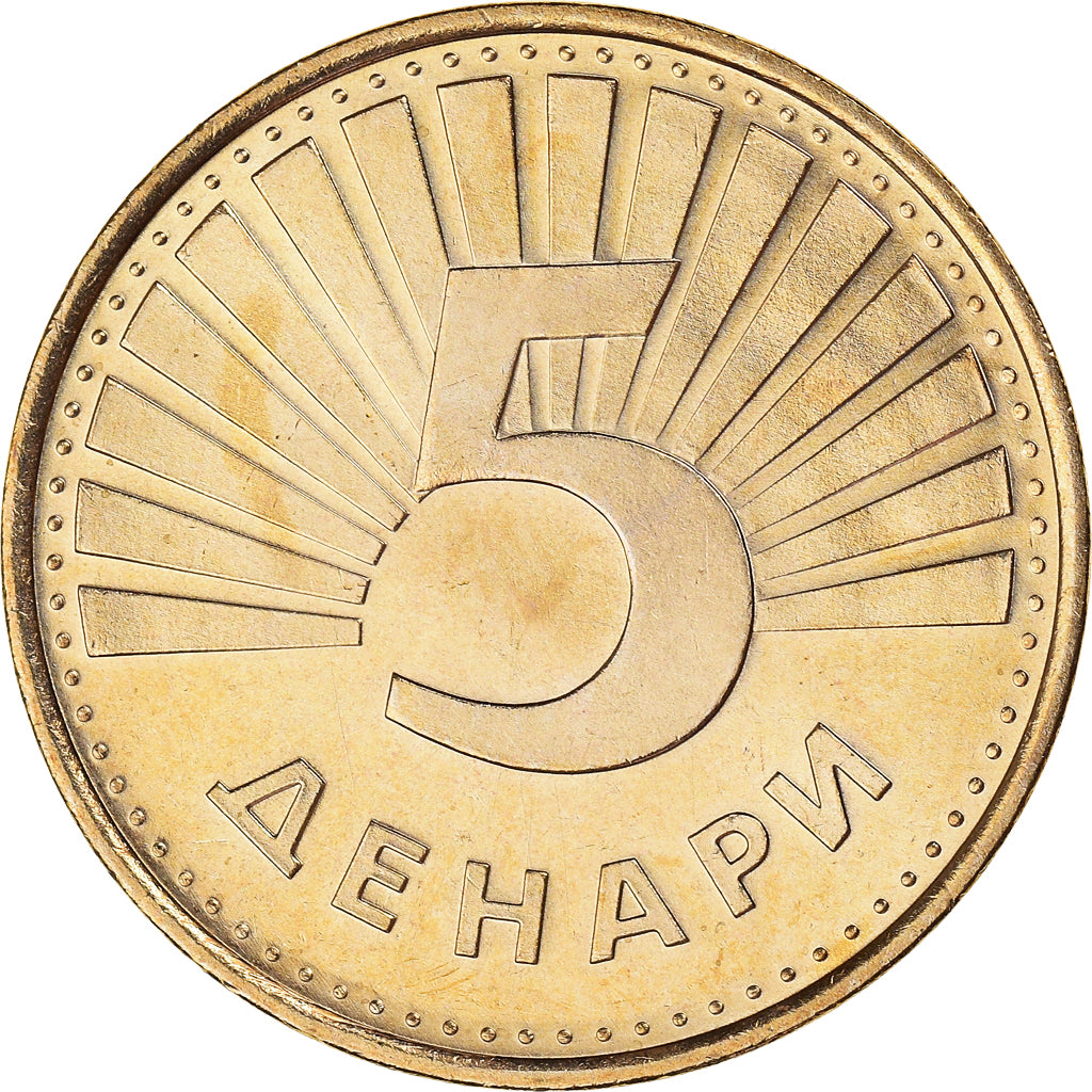 Coin, Macedonia, European lynx, 5 Denari, 2001, MS(60-62), Brass, KM:4