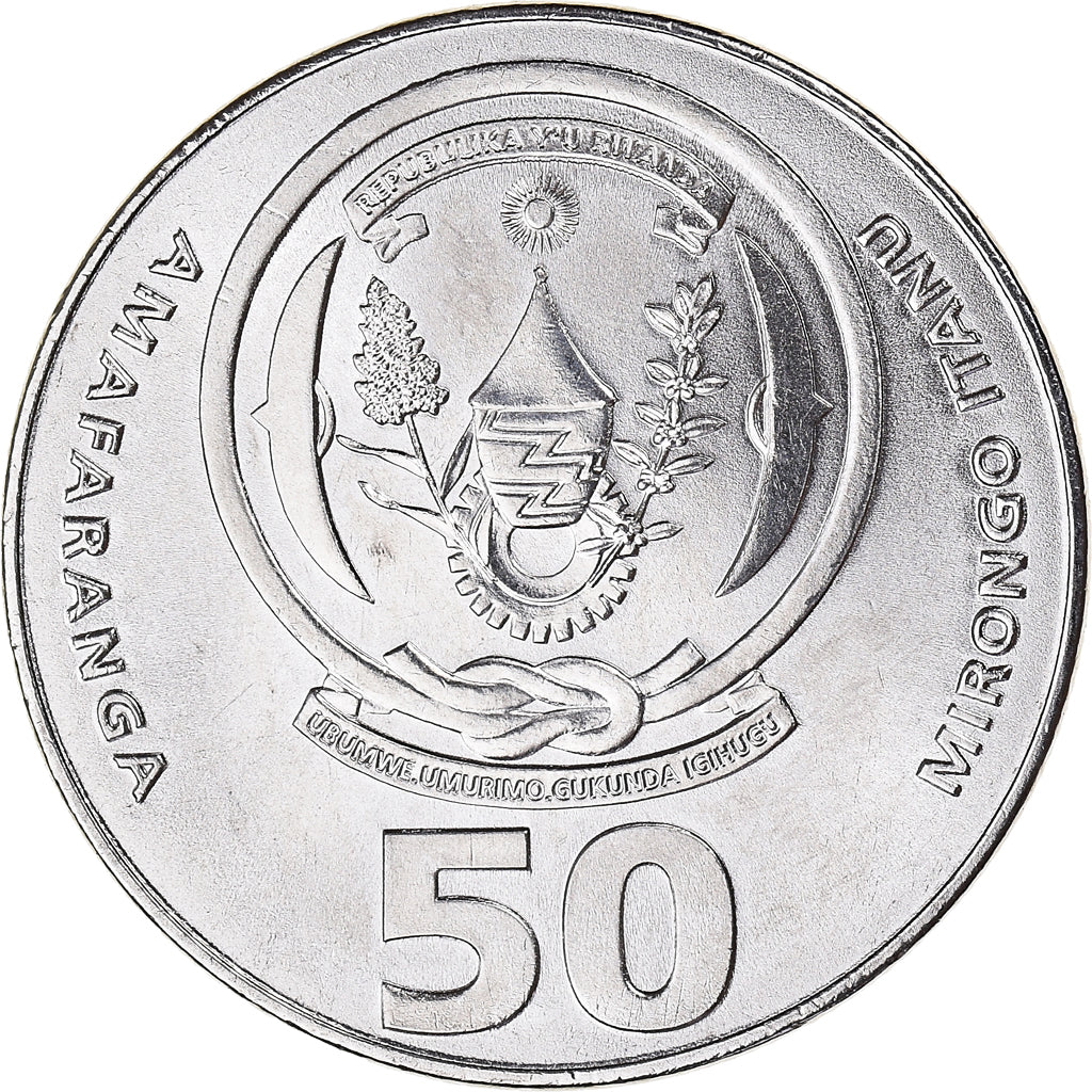 Moneta, Ruanda, 50 Francs, 2003, Paris, MS(63), Nickel platerowany stalą, KM:26