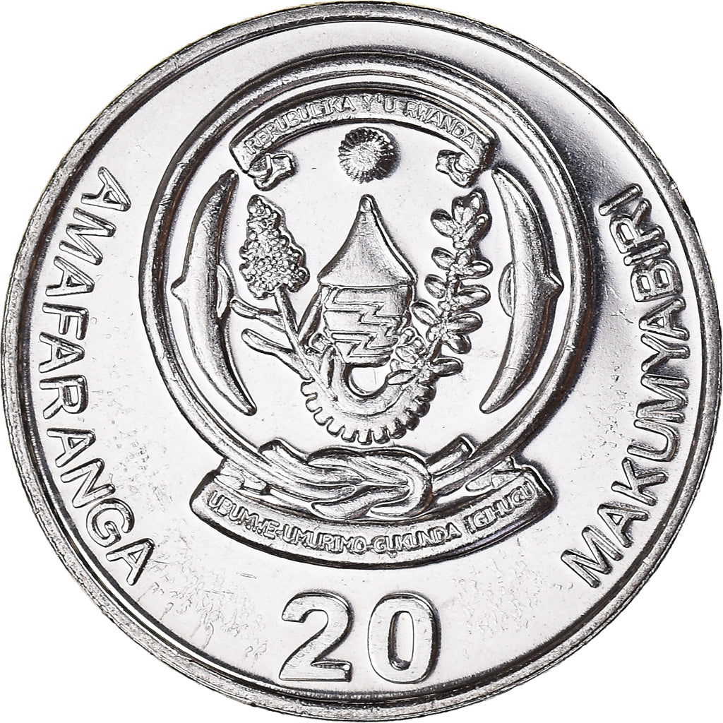 Coin, Rwanda, 20 Francs, 2003, MS(60-62), Nickel plated steel, KM:25
