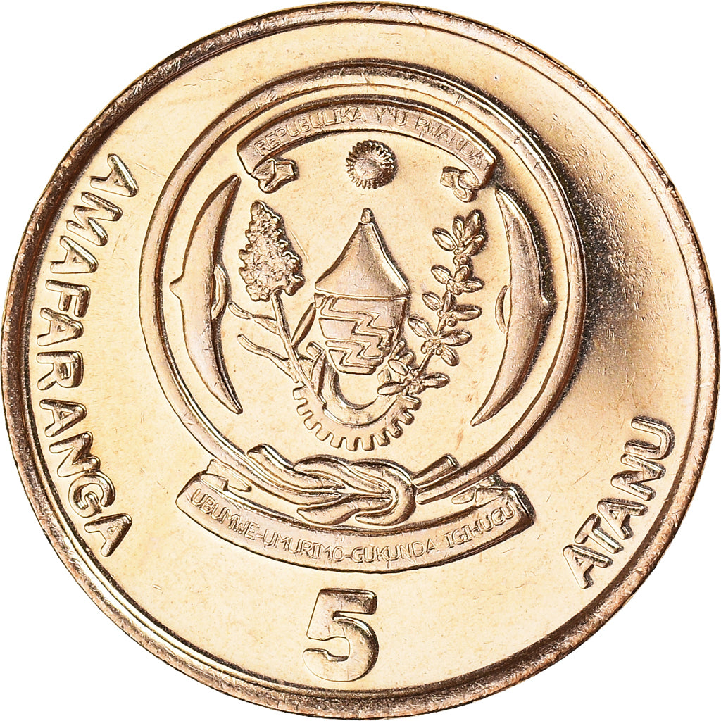 Moneta, Ruanda, 5 Francs, 2003, MS(60-62), Mosiądz platerowany stalą, KM:23