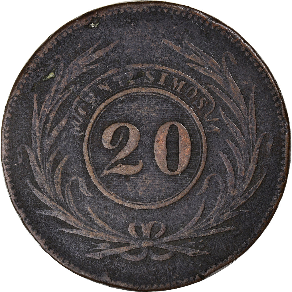 Moneta, Uruguay, 20 Centesimos, 1840, BB, Rame, KM:2.1