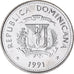 Münze, Dominican Republic, 25 Centavos, 1991, UNZ, Nickel Clad Steel, KM:71.1