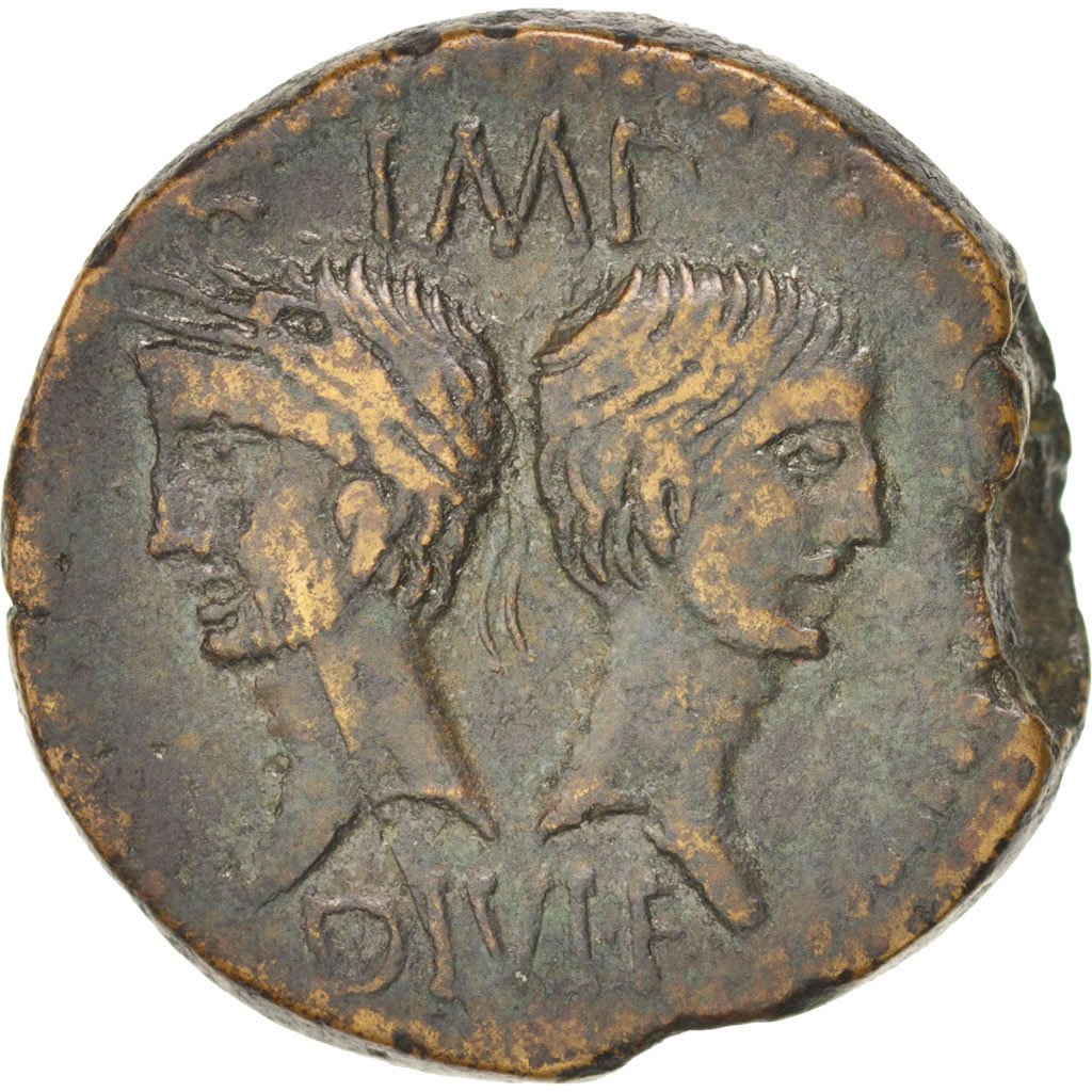 Augustus with Agrippa, Dupondius, 10-14 AD, Nemausus, EF(40-45), Bronze, RIC:157