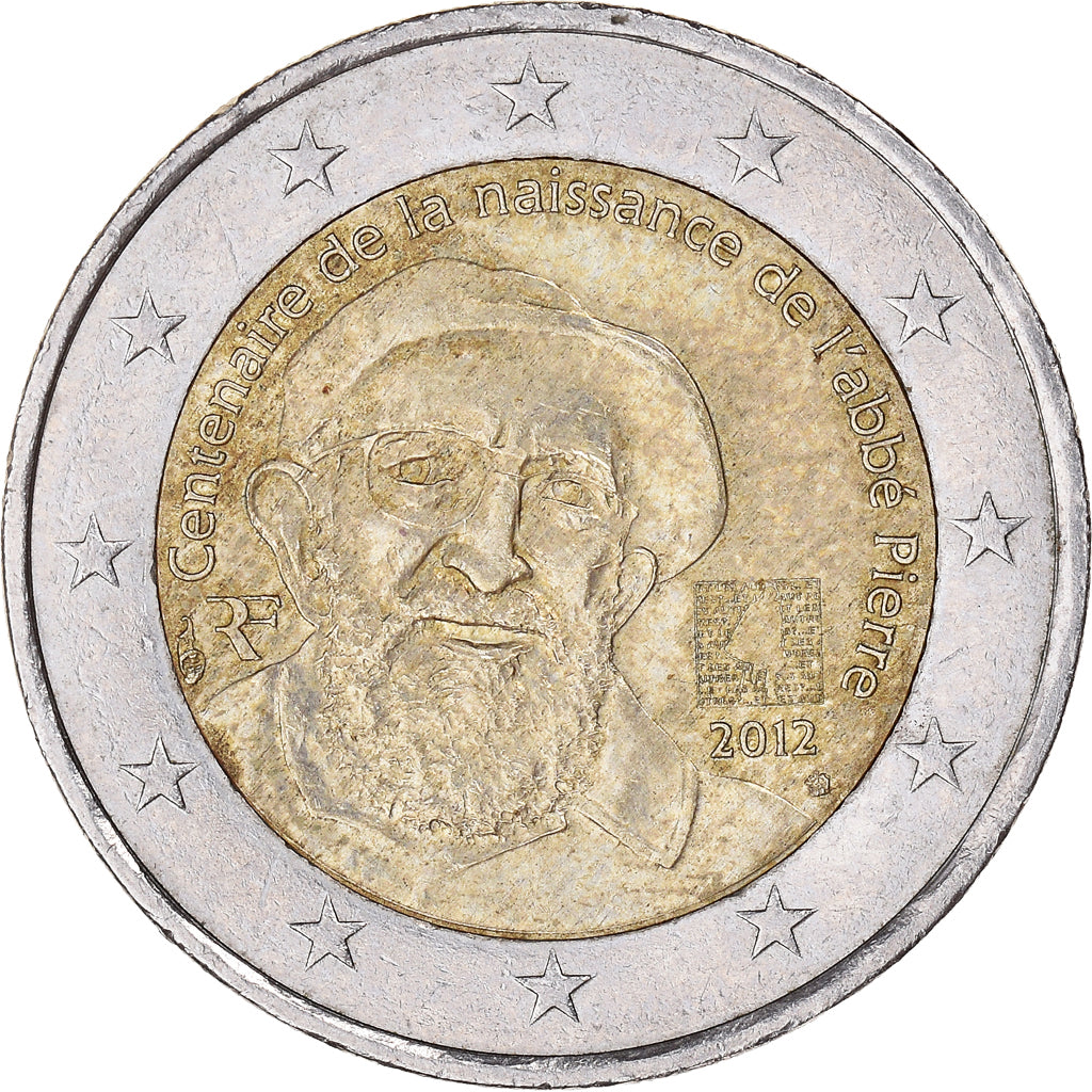 France, 2 Euro, Baron Pierre Coubertin, 2012, Paris, Abbé Pierre, TTB