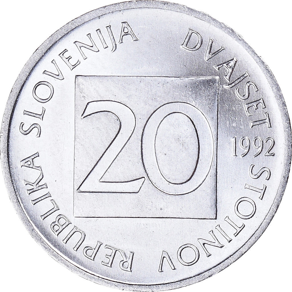 Coin, Slovenia, 20 Stotinov, 1992, AU(50-53), Aluminum, KM:8
