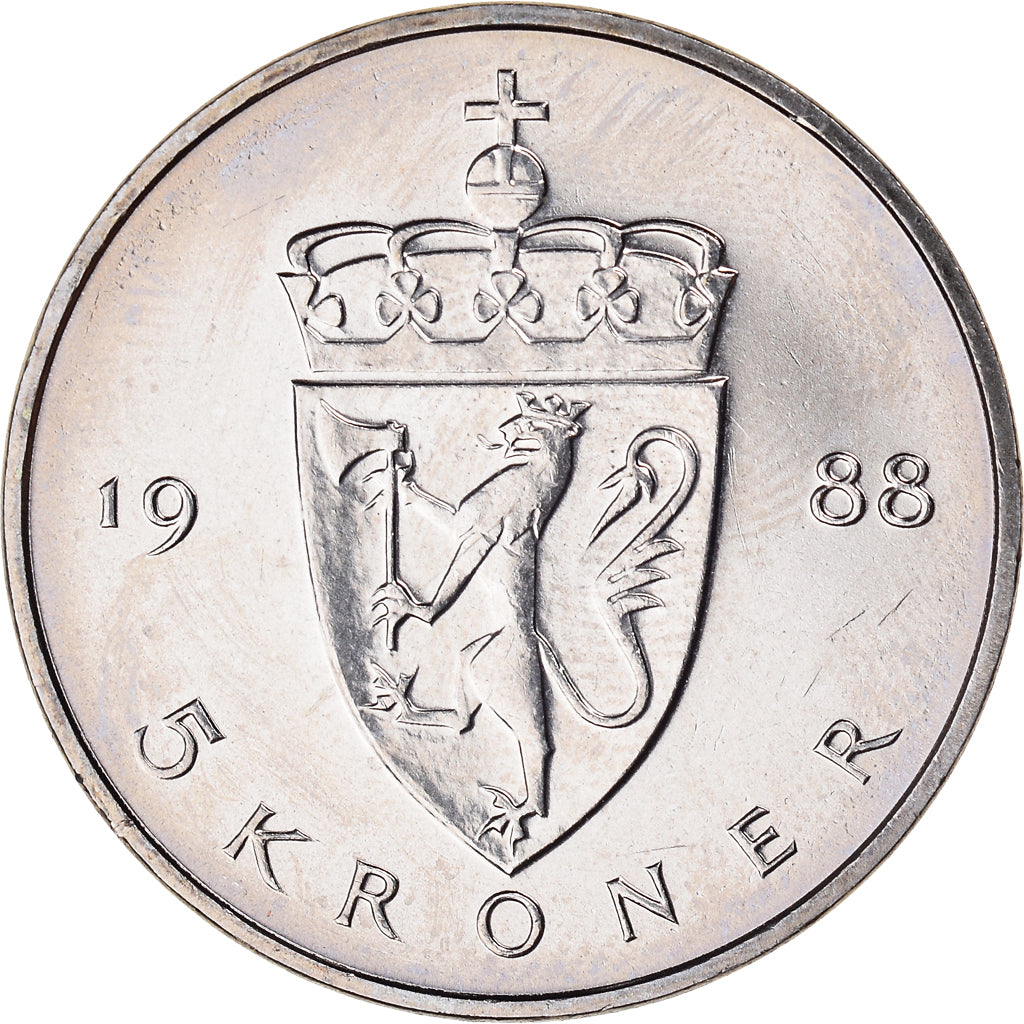 Moeda, Noruega, Olav V, 5 Kroner, 1988, AU(55-58), Cobre-níquel, KM:420