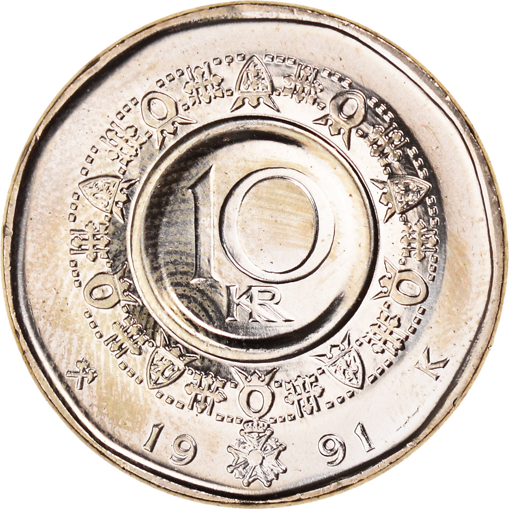 Coin, Norway, Olav V, 10 Kroner, 1991, MS(63), Nickel-brass, KM:427