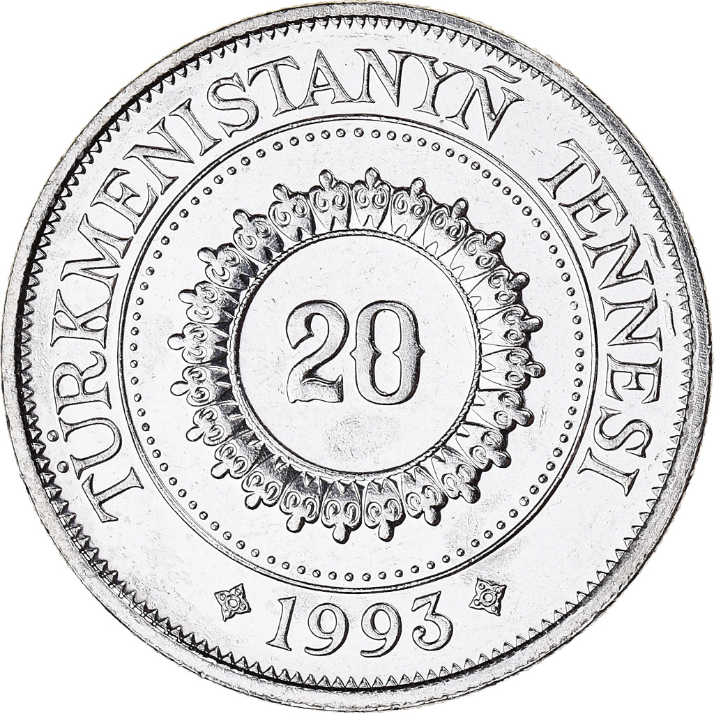Moneta, Turkmenistan, 20 Tenge, 1993, BB, Acciaio placcato nichel, KM:4