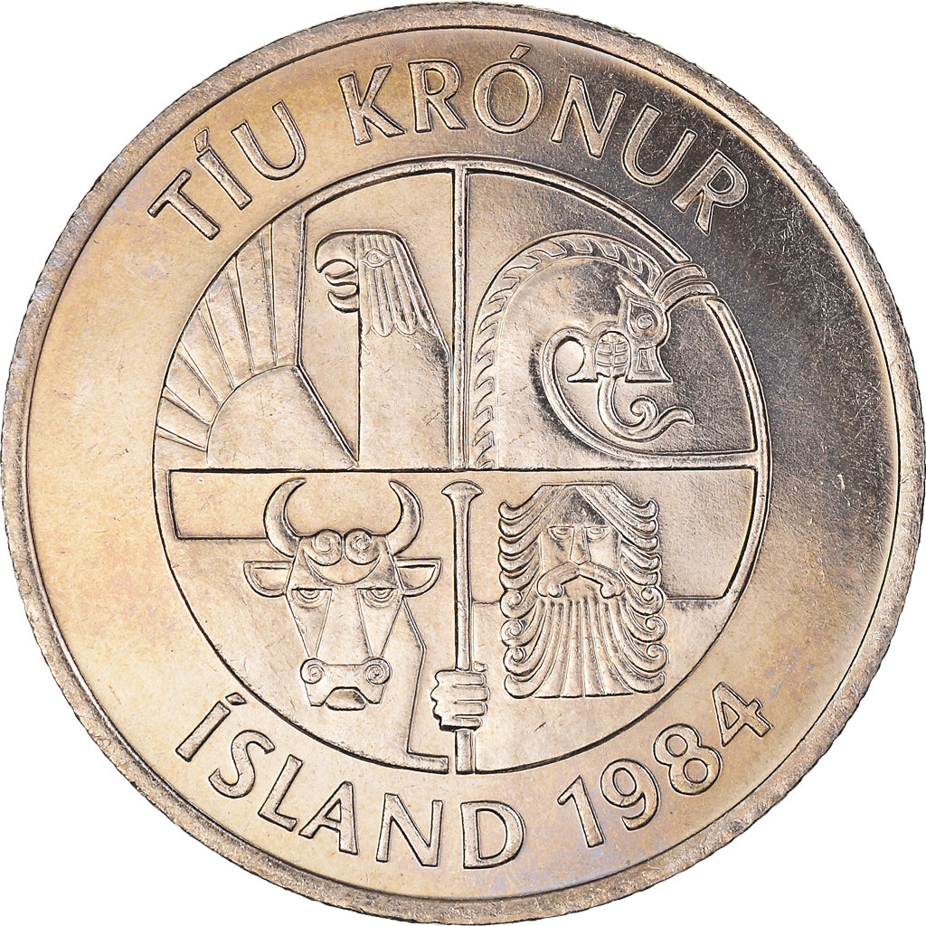 Coin, Iceland, 10 Kronur, 1984, MS(60-62), Copper-nickel, KM:29.1
