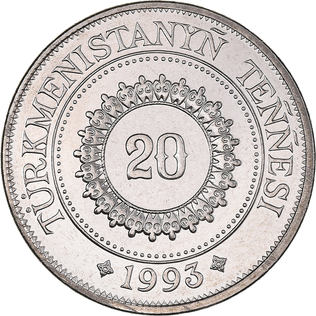 Moneda, Turkmenistán, 20 Tenge, 1993, SC, Níquel chapado en acero, KM:4