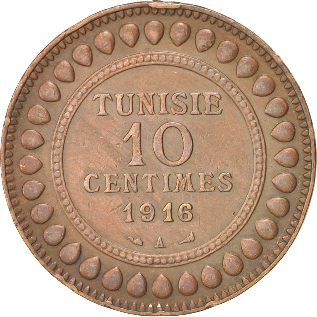 Tunisia, Muhammad al-Nasir Bey, 10 Centimes, 1916, Paris, BB+, Bronzo, KM:236