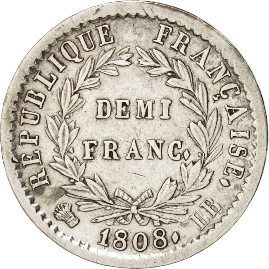 Munten, Frankrijk, Napoléon I, 1/2 Franc, 1808, Strasbourg, ZF+, Zilver