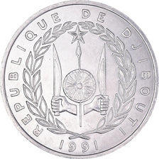 Moeda, Djibuti, 5 Francs, 1991, Paris, MS(63), Alumínio, KM:22