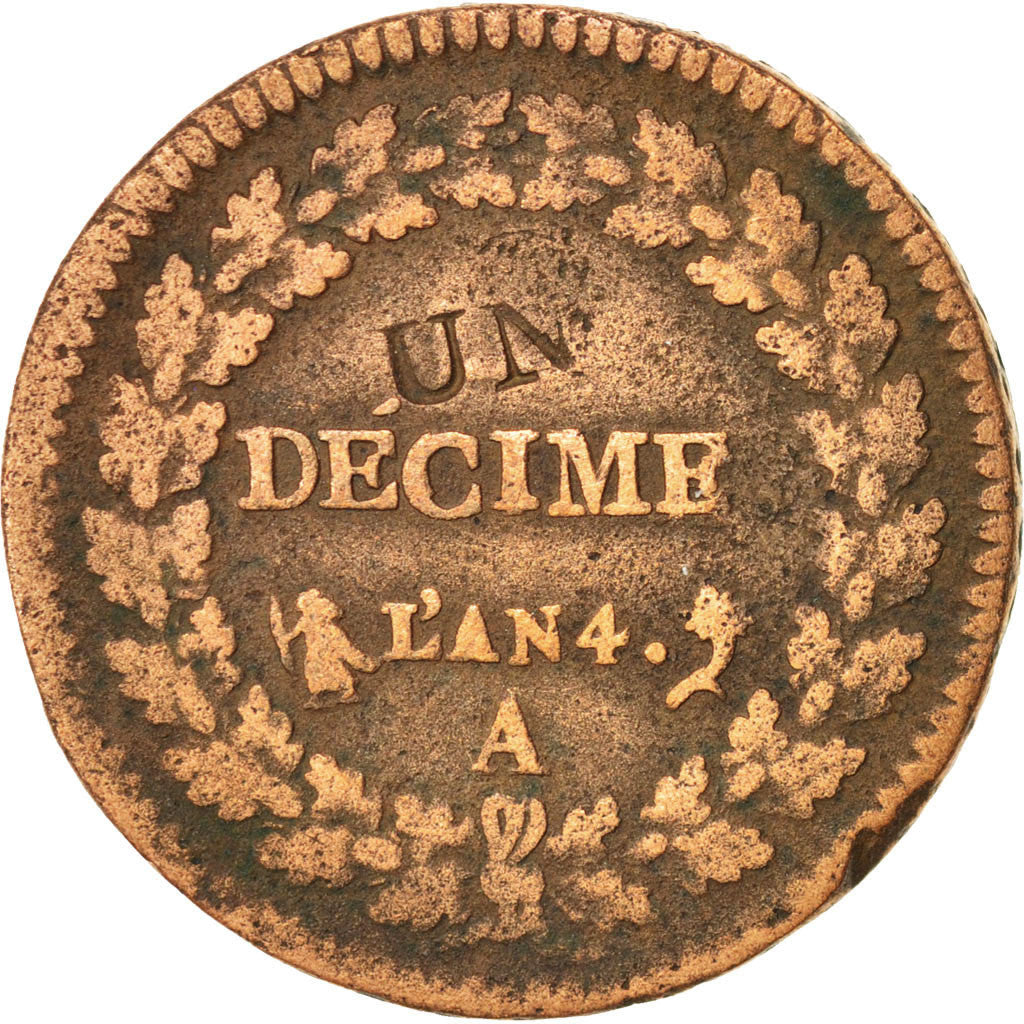 FRANCE, Dupré, Decime, 1795, Paris, KM:637.1, VF(20-25), Bronze