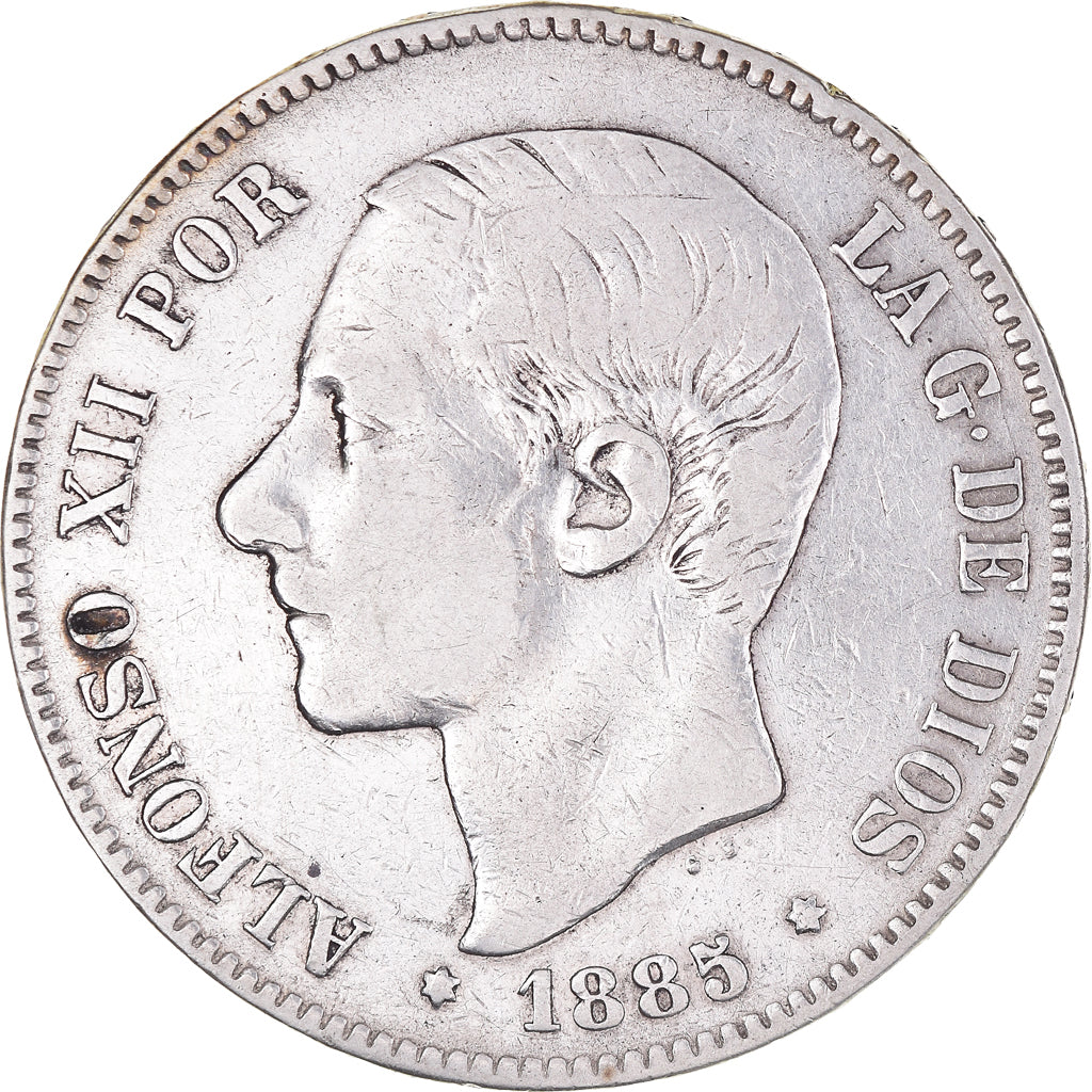Moneda, España, Alfonso XII, 5 Pesetas, 1885, BC+, Plata, KM:688