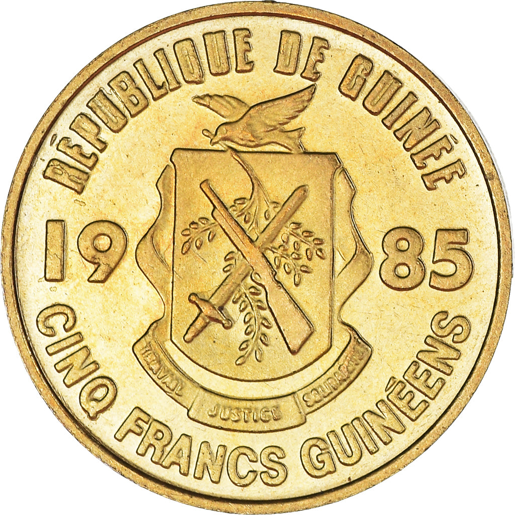 Moeda, Guiné, 5 Francs, 1985, AU(55-58), Aço Revestido a Latão, KM:53