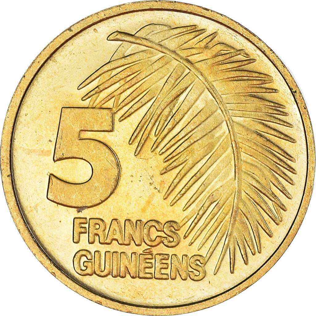Moeda, Guiné, 5 Francs, 1985, AU(55-58), Aço Revestido a Latão, KM:53