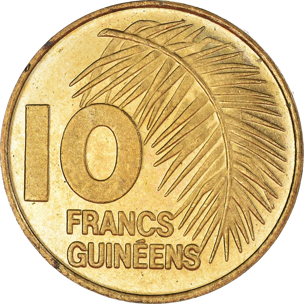 Moneta, Gwinea, 10 Francs, 1985, AU(50-53), Mosiądz powlekany stalą, KM:52