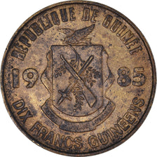 Moeda, Guiné, 10 Francs, 1985, VF(30-35), Aço Revestido a Latão, KM:52