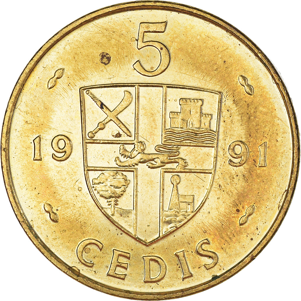 Monnaie, Ghana, 5 Cedis, 1991, TTB+, Brass plated steel, KM:33