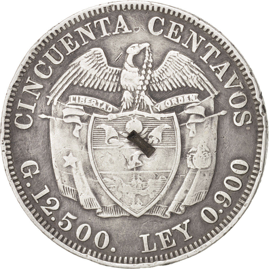 Colombia, 50 Centavos, 1912, KM:193.1, EF(40-45), Silver
