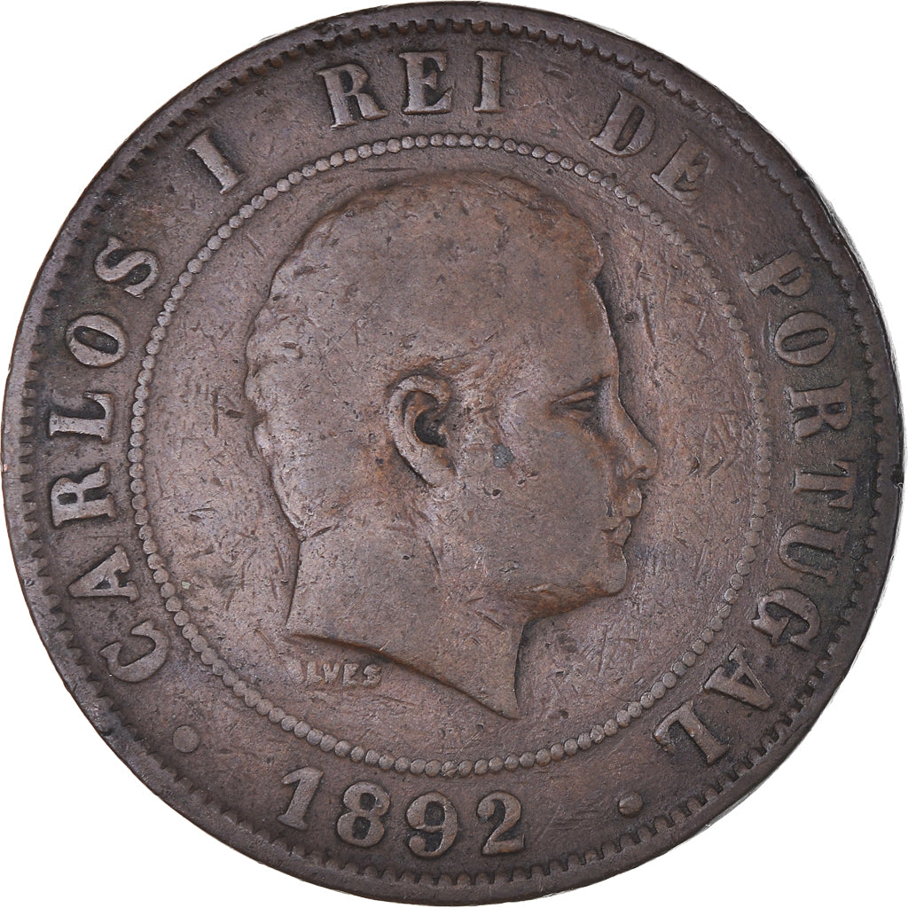 Moneda, Portugal, Carlos I, 20 Reis, 1892, BC+, Bronce, KM:533