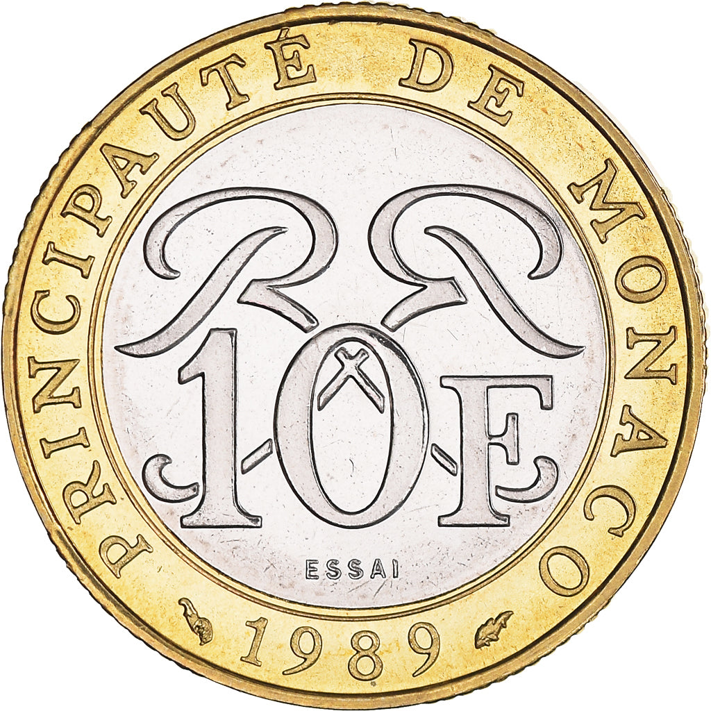 Moeda, Mónaco, Rainier III, 10 Francs, 1989, ENSAIO, MS(63), Bimetálico